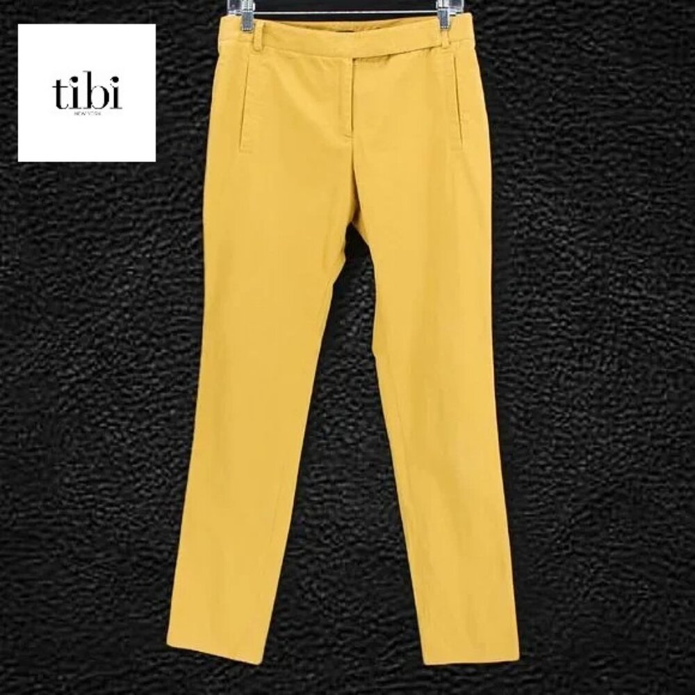Tibi Turmeric Yellow Slim Chino Pants Cotton Stretch Tab Waist Trousers SZ 4 SM